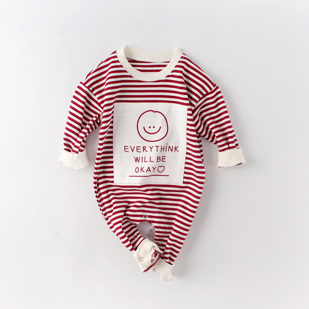 Spring Baby Romper with Smiley Face and Long Sleeves