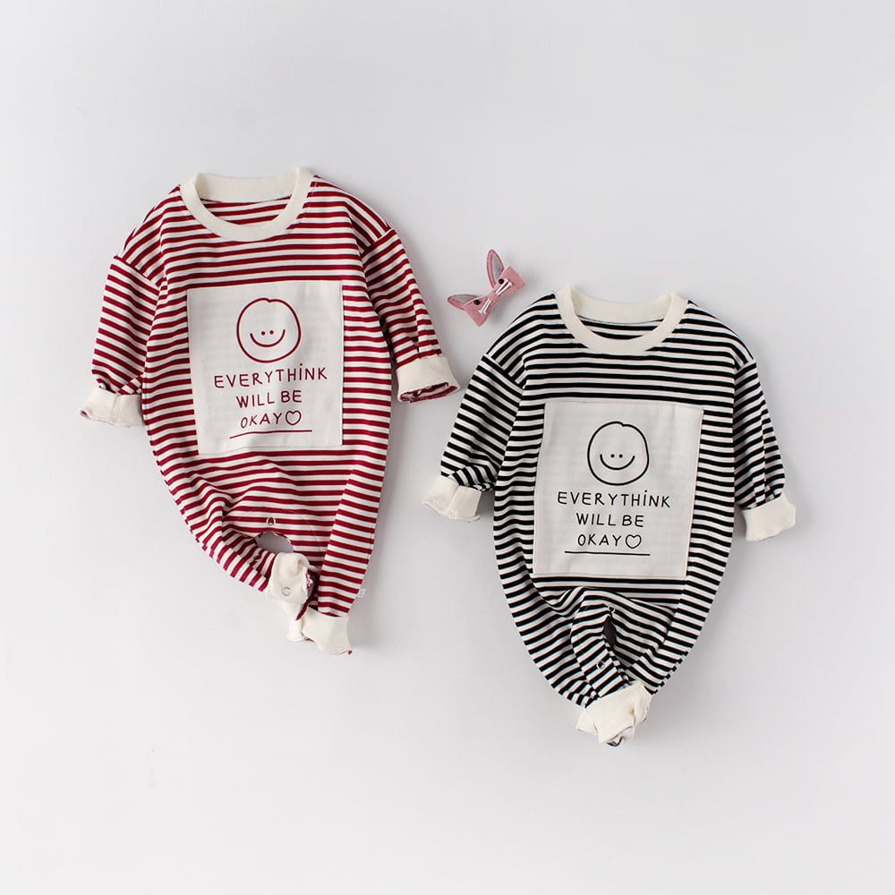 Spring Baby Romper with Smiley Face and Long Sleeves