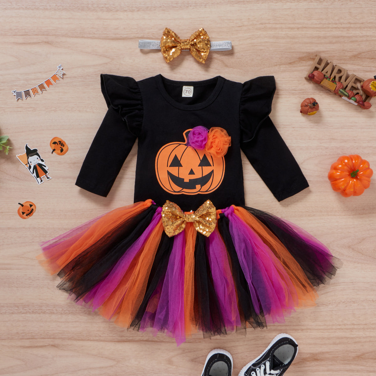 Girls' Halloween Black Romper with Smiley Pumpkin Skirt
