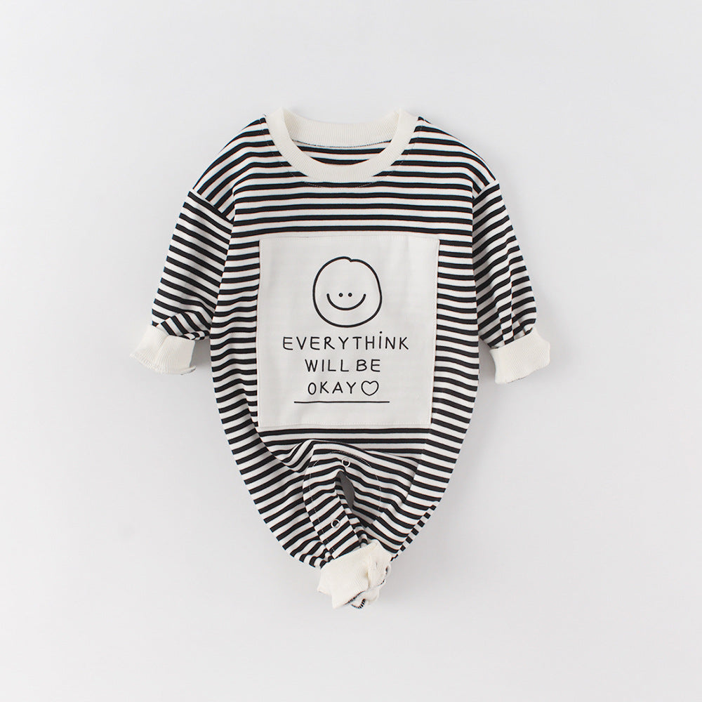 Spring Baby Romper with Smiley Face and Long Sleeves