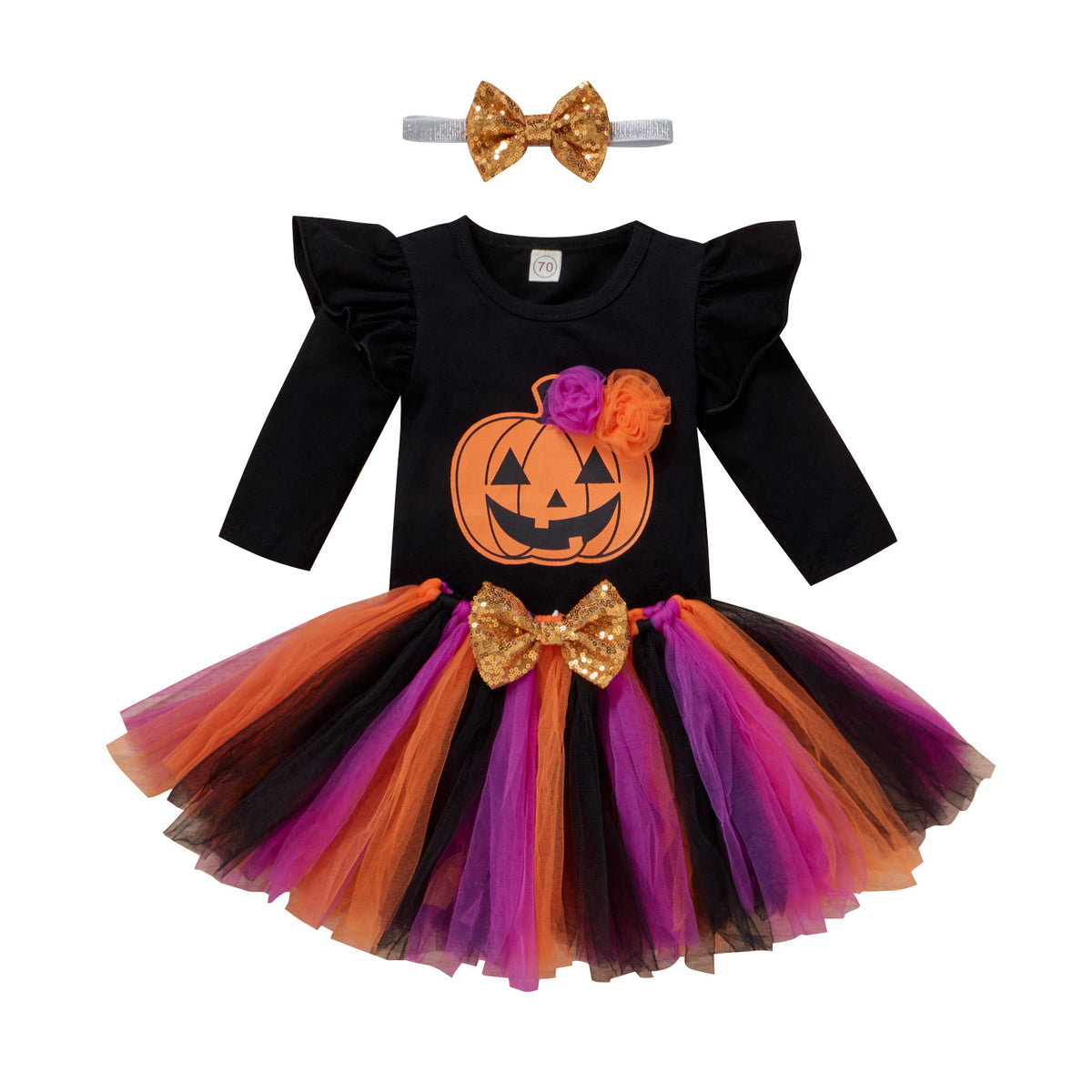 Girls' Halloween Black Romper with Smiley Pumpkin Skirt