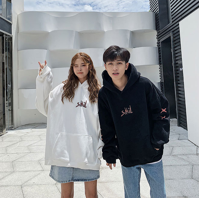 Couples Hoodie with Fleece Lining and Smiley Design